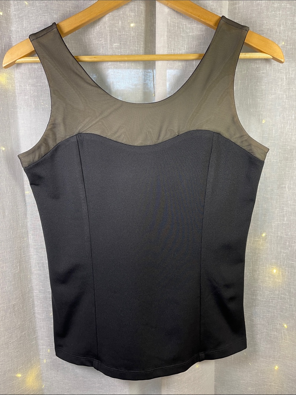 Sleek Black Mesh Yoke Corset Seamed Camisole